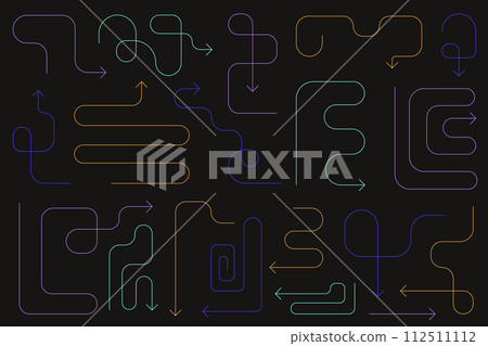 Doodle line arrows. Colorful direction pointers. Various cartoon futuristic playful arrow pointers set or collection in trendy outline style. Neon y2k geometric elements. 112511112