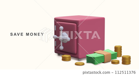 3d Realistic concept Safe box  coins and stacks of dollar cash. Vector illustration. 112511376