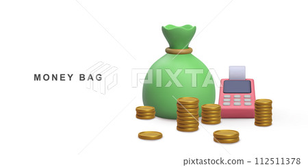 3D realistic Money saving concept. money bag, coin stacks and pos terminal on white background. Vector illustration. 112511378