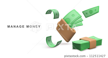 3d Realistic wallet cash and flying money. Vector illustration. 112511427