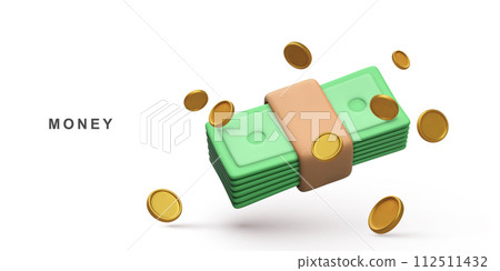 3d Bundle cash and flyaning coins. Vector illustration. 3d Bundle cash and flyaning coins. Vector illustration. 112511432
