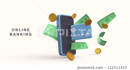 3D Realistic mobile phone with flying green dollars and gold coins. Vector illustration. 112511437