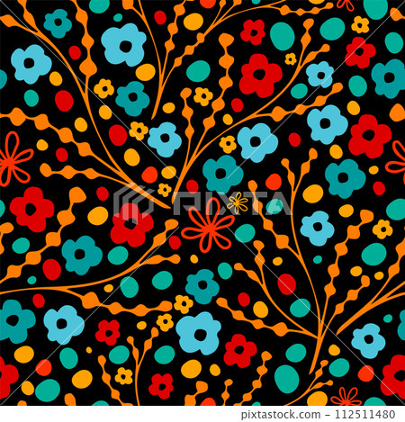 Seamless pattern of small red and blue flowers on a black background. hand drawing. Not AI, Vector illustration 112511480
