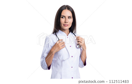 professional cardiologist doctor with stethoscope. woman cardiologist isolated on white background. 112511483