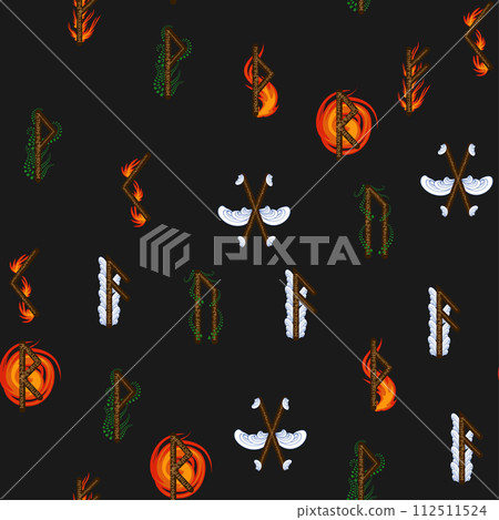 Hand drawn runic letters seamless pattern with elemental symbols. Magic signs and symbols of Scandinavian culture Hand drawn runic letters seamless pattern with elemental symbols. Magic signs and symbols of Scandinavian culture 112511524