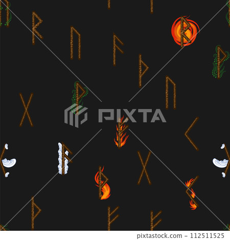 Hand drawn runic letters seamless pattern with elemental symbols. Magic signs and symbols of Scandinavian culture 112511525