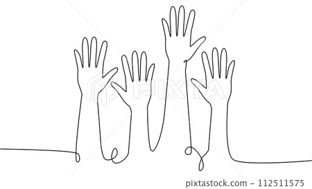 continuous single line drawing of a group of hands raised up. The concept of voting, elections continuous single line drawing of a group of hands raised up. The concept of voting, elections 112511575