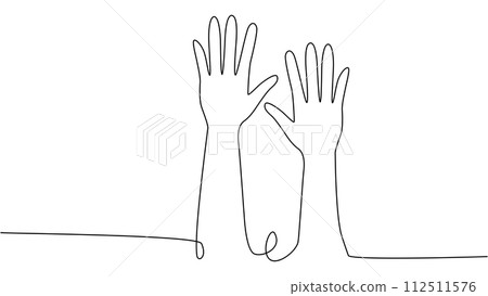 continuous single line drawing of a group of hands raised up. The concept of voting, elections continuous single line drawing of a group of hands raised up. The concept of voting, elections 112511576