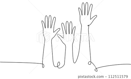 continuous single line drawing of a group of hands raised up. The concept of voting, elections continuous single line drawing of a group of hands raised up. The concept of voting, elections 112511579
