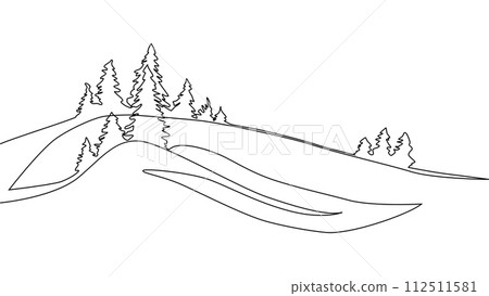 Self-drawing a simple animation of one continuous drawing of one line of Christmas trees, forest 112511581