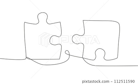 One line connecting puzzle pieces in one continuous line. Puzzle element. One line connecting puzzle pieces in one continuous line. Puzzle element. 112511590
