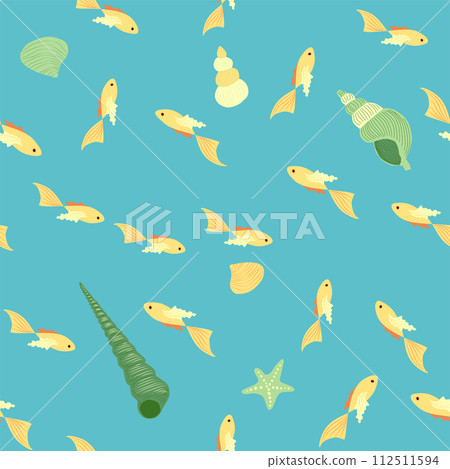 Seamless pattern with starfish, corals, pearls and seashells. Vector background with marine theme. 112511594