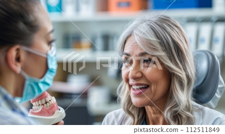 photo of Orthodontist using dental model while talks to her senior patient about dental procedure at dentist's office 112511849