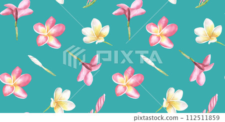 Watercolor frangipani seamless pattern. Hand drawn illustration. Plumeria or Temple tree flower. For textile, wallpaper, cosmetics design. Turquiose background 112511859