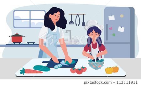 Mother and daughter preparing meal together in kitchen.They collaborate to cook. Vector illustration. 112511911
