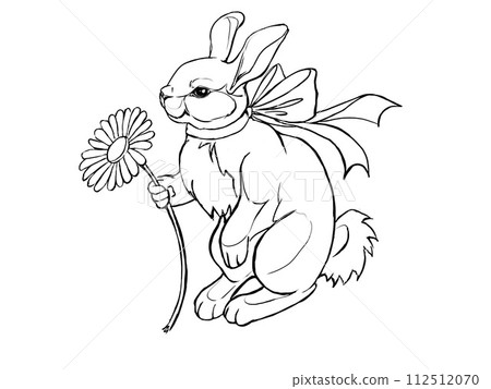 The drawing is linear in black and white. An Easter bunny with a bow holds a flower in its paws. The drawing is linear in black and white. An Easter bunny with a bow holds a flower in its paws. 112512070