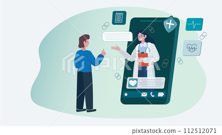 Vector Illustration of a man interacting with a female doctor through a smartphone medical app. Online healthcare consultation, modern telemedicine concept.  112512071