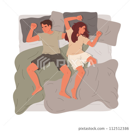 Man and woman sleeping in bed. Couple or young family resting in cozy bed, napping characters flat vector illustration. Male and female person sleeping on bed 112512386