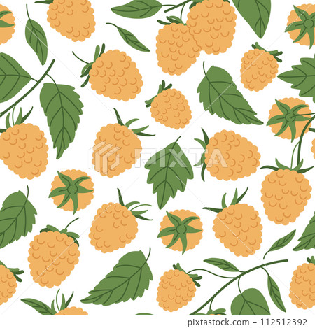 Yellow raspberries seamless pattern. Hand drawn raspberry endless design, fresh berry for healthy nutrition flat vector background illustration. Forest yellow raspberry pattern Yellow raspberries seamless pattern. Hand drawn raspberry endless design, fresh berry for healthy nutrition flat vector background illustration. Forest yellow raspberry pattern 112512392