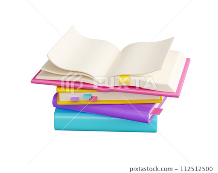 Pile of close paper books and open one with white pages, colorful hard cover and bookmarks lay and stand. 3D render illustration of literature stack and heap for school education and reading concept. Pile of close paper books and open one with white pages, colorful hard cover and bookmarks lay and stand. 3D render illustration of literature stack and heap for school education and reading concept. 112512500