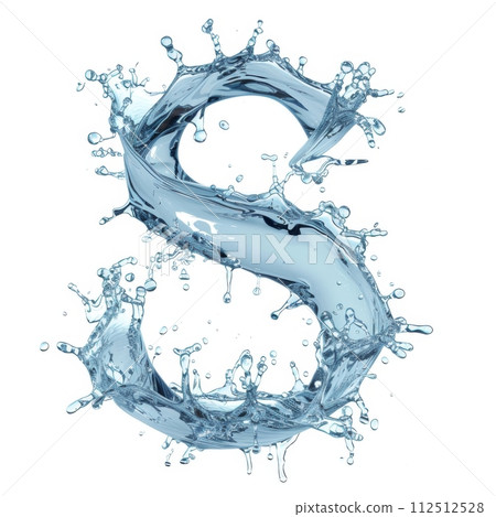Latin letter S, texture of water, ice and splashes on white background. 112512528
