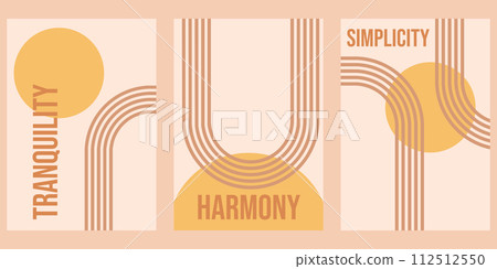 Minimalist geometric zen arches poster collection with text - Tranquility, Harmony, Simplicity. Abstract boho shapes in a retro aesthetic for versatile design use. Vector concept design Minimalist geometric zen arches poster collection with text - Tranquility, Harmony, Simplicity. Abstract boho shapes in a retro aesthetic for versatile design use. Vector concept design 112512550