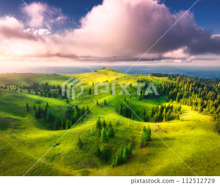 Aerial view of green alpine meadows on the hills at sunset Aerial view of green alpine meadows on the hills at sunset 112512729