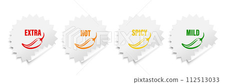 Realistic Vector Round Stickers with Spicy Chili Pepper Icon, Food Spicy Level. Red, Orange, Yellow, Green Jalapeno Pepper Strength Scale Sticker Indicators with Mild, Spicy, Hot and Extra Positions Realistic Vector Round Stickers with Spicy Chili Pepper Icon, Food Spicy Level. Red, Orange, Yellow, Green Jalapeno Pepper Strength Scale Sticker Indicators with Mild, Spicy, Hot and Extra Positions 112513033