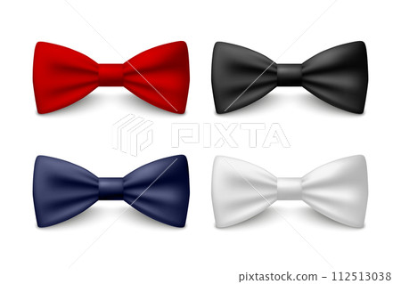 Vector 3D Realistic Red, Black, Blue, White Bow Tie Set Isolated. Silk Glossy Bowtie, Tie Gentleman. Mockup, Design Template of Stylish Bow Tie for Men. Fashion, Father s Day Holiday Concept 112513038