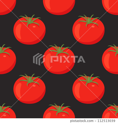Flat Vector Seamless Pattern with Fresh Tomato on a Black Background. Seamless Vegetable Print with Whole Tomatoes 112513039