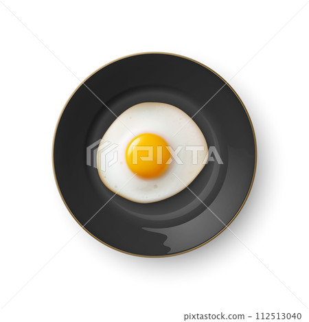 Vector 3d Realistic Fried Egg on a Black Dish Plate Closeup Isolated in Top View. Design Template of Scrambled Eggs, Fried Egg, Omelette. Delicious Breakfast, Food, Culinary Concept 112513040