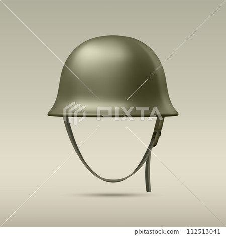 Vector 3d Realistic Green Military Protective Helmet Closeup Isolated. Helmet, Army Symbol of Defense and Protection. Soldier Helmet Design Template for Military, Defense and Safety Concept 112513041
