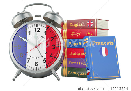 French course, lessons concept. Books with alarm clock. Time to learn French language, 3D rendering 112513224
