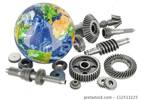 Gearwheels and cogwheels with Earth Globe. Global Industrial and Engineering, concept. 3D rendering 112513225