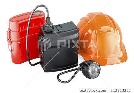 Miners cap lamp with hard hat and self-contained self-rescue device, 3D rendering 112513232