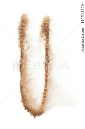 U English alphabet made of Sand explosion with U English alphabet scattered, space for text. Concept of Flying sand particle object to shape in air. White background Isolated throwing element object U English alphabet made of Sand explosion with U English alphabet scattered, space for text. Concept of Flying sand particle object to shape in air. White background Isolated throwing element object 112513299