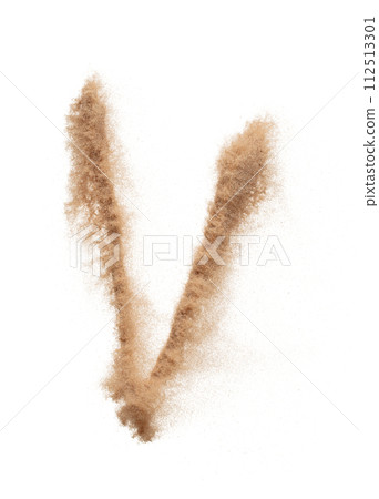 V English alphabet made of Sand explosion with V English alphabet scattered, space for text. Concept of Flying sand particle object to shape in air. White background Isolated throwing element object V English alphabet made of Sand explosion with V English alphabet scattered, space for text. Concept of Flying sand particle object to shape in air. White background Isolated throwing element object 112513301