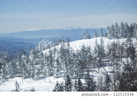 A view of the Northern Alps from Mt. Yakebita in Shiga Kogen, looking towards Suzaka City and Nagano City. 112513336