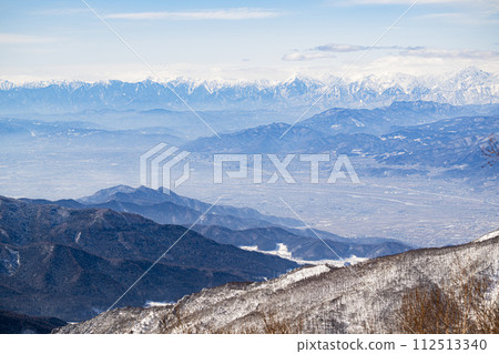 A view of the Northern Alps from Mt. Yakebita in Shiga Kogen, looking towards Suzaka City and Nagano City. A view of the Northern Alps from Mt. Yakebita in Shiga Kogen, looking towards Suzaka City and Nagano City. 112513340