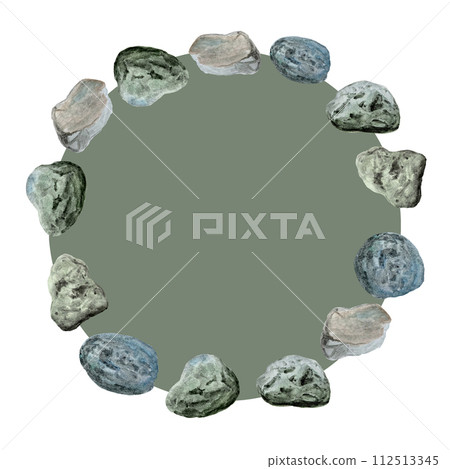 Watercolor wildlife stones round frame on grey-green background isolated on white 112513345