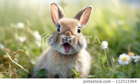 AI-generated content. Surprised Funny Cute Bunny with Big Eyes on green grass and blue sky Background, Cute Animal Portrait AI-generated content. Surprised Funny Cute Bunny with Big Eyes on green grass and blue sky Background, Cute Animal Portrait 112513364
