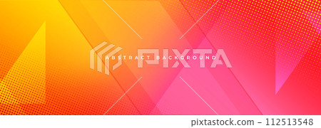 Orange and red modern abstract wide banner with geometric triangle shapes and halftone effect. Yellow and pink abstract background. 112513548