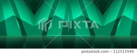 Green 3d empty studio room wide background with abstract wall. Concert showroom podium for banner concept design. 112513549
