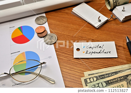 Desk with a card that says Capital Expenditure 112513827