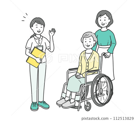 Illustration of a woman and an old woman receiving explanations from a care manager Illustration of a woman and an old woman receiving explanations from a care manager 112513829
