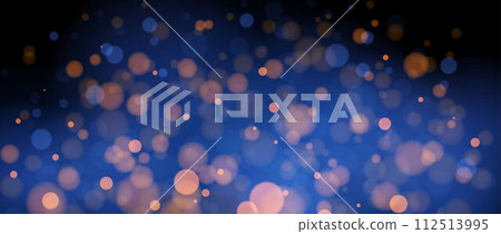 Blurred gold bokeh on blue background. Golden blurred effect wallpaper. Abstract shiny glitter, sparks and sparkles. Glowing backdrop for Christmas, New Year or birthday card, poster, banner. Vector 112513995