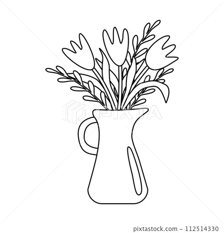 Ceramic or enamel jug with tulip bouquet, doodle style flat vector outline for coloring book 112514330