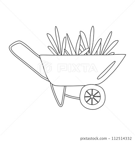Garden wheelbarrow full of green plants, doodle style flat vector outline for coloring book 112514332