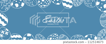 Easter web banner with vintage Easter eggs along the contour on blue background with place for text Easter web banner with vintage Easter eggs along the contour on blue background with place for text 112514673