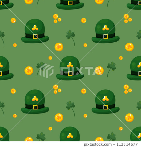 Seamless pattern for St. Patrick Day with green hats, gold coins and clover on green background. 112514677